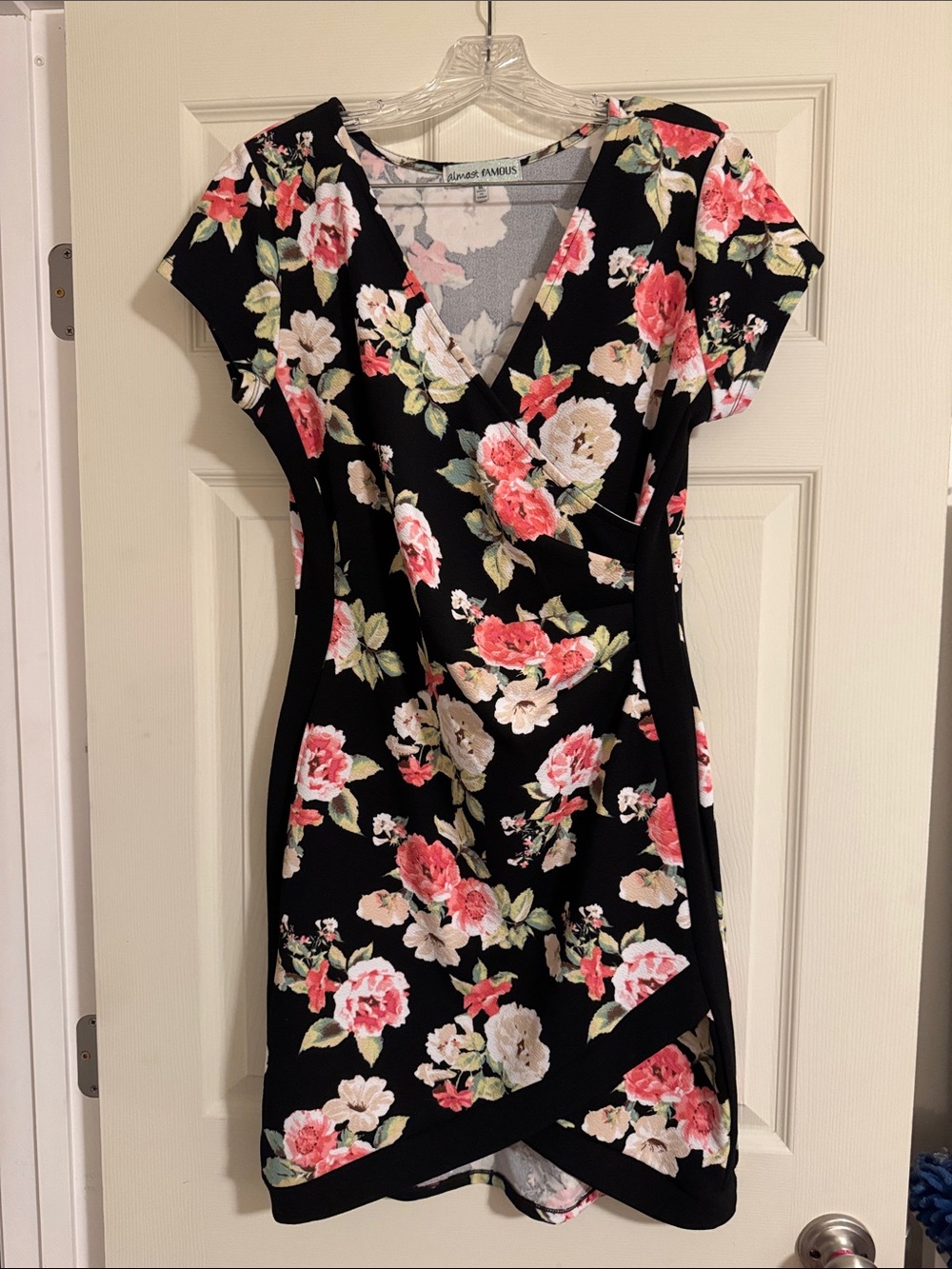 Almost Famous Black Floral Wrap Dress with Pink & Cream Blooms